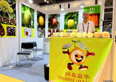 The sales representative from Hebei Jiahua. The company brings a variety of pear to display at the exhibition. / 河北嘉华的销售代表。该公司在展会上展示了他们带来的各种梨。 