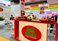 Sales representative at the Laiwu Manhing stand. / 莱芜万兴食品有限公司的销售代表在该公司展位前。 