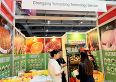 Representatives at Chongqing Yumaotong Technology are talking with a visitor. Lemons and Onions are the company's main export products. / Chongqing Yumaotong Technology 代表正在与到访者交谈。柠檬和洋葱是该公司的主要出口产品。 